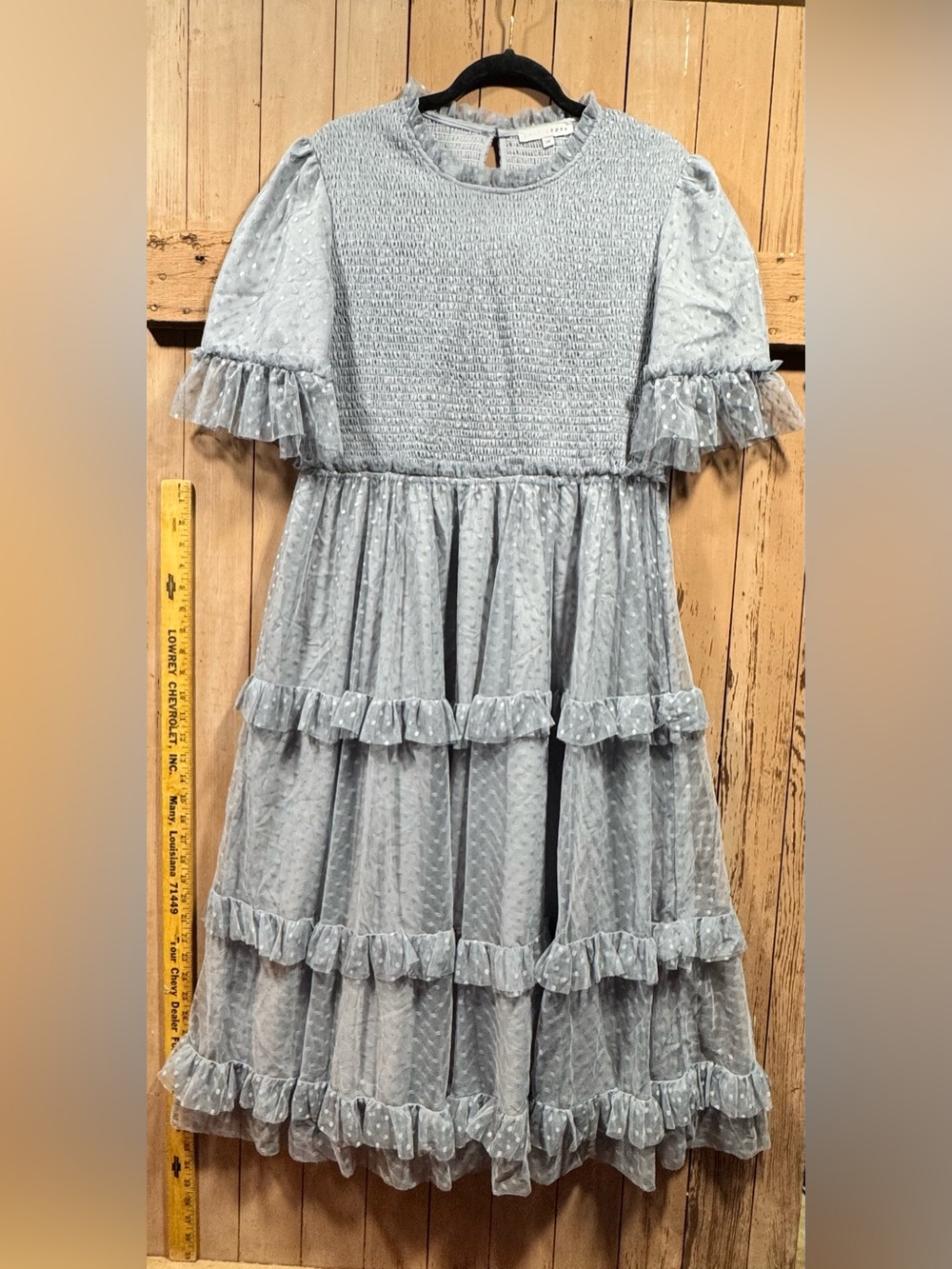 Baltic Born Light Grey Ruffled Dot Midi Dress